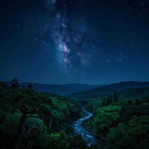 Photograph of a nighttime landscape featuring a brightly lit Milky Way galaxy over a dark, forested valley with a winding river.