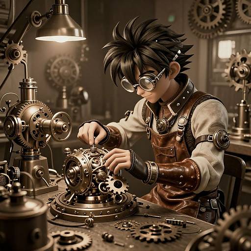 Steampunk Inventor Working on Mechanical Device