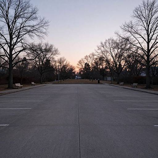 Photograph of a wide, empty parking lot at dusk, with bare trees on both sides, silhouetted against a pale, fading sunset sky