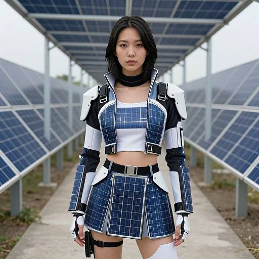 Photograph of an Asian woman with black hair wearing a futuristic solar-panel-themed outfit, standing in a solar panel-lined path.