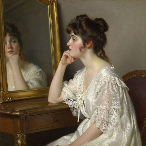 Photograph-style digital painting of a pensive woman with fair skin, dark hair in a bun, white lace dress, gazing at her reflection in