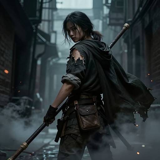 Digital artwork of a muscular, dark-haired warrior with tattered clothes, holding a staff, standing in a foggy, dimly-lit urban alley