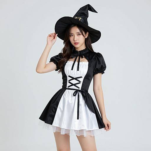 Photograph of an Asian woman in a black witch hat and white-and-black dress with black ribbon accents, standing against a white background.
