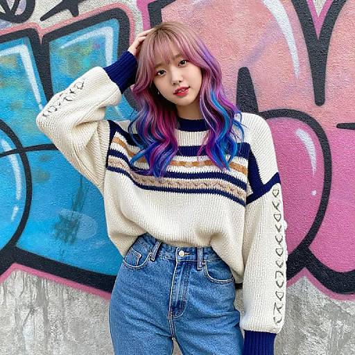 Photograph of a young woman with pink and blue ombre hair, wearing a white striped sweater and high-waisted blue jeans, standing against