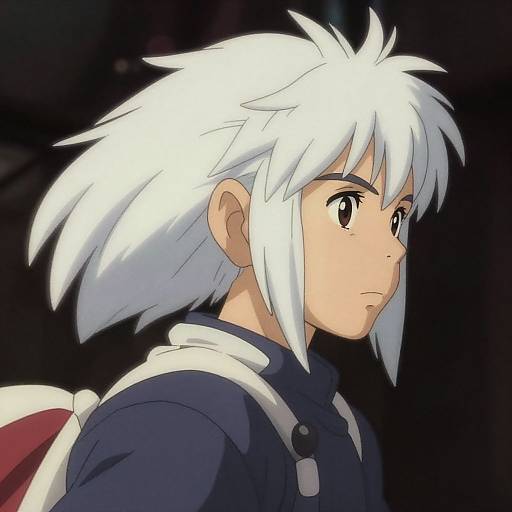 Anime-style digital illustration of a young boy with spiky white hair, wearing a dark blue uniform, looking determined against a dark background.