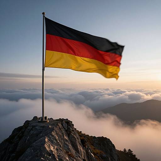 Photograph of a German flag waving on a rocky mountain peak at sunrise, with clouds below and a clear sky above.