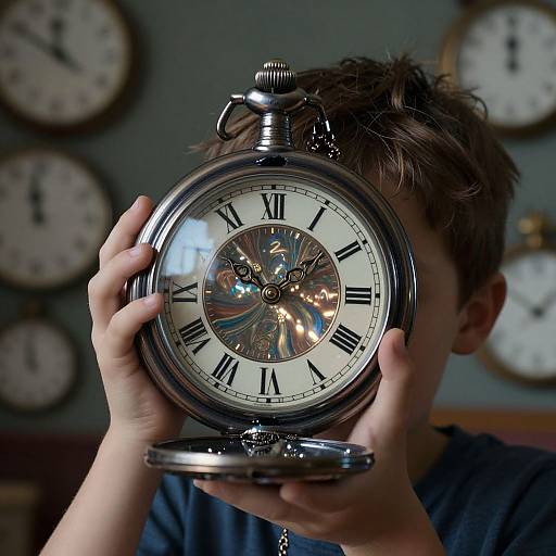 Photograph of a young boy with short brown hair, holding a large, reflective antique clock in front of his face, obscuring his features. Background