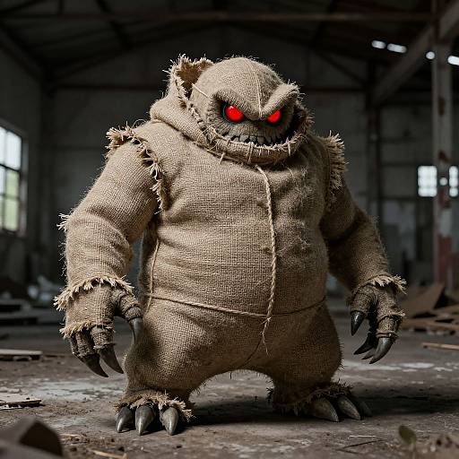 CGI image of a menacing, burlap-clothed creature with glowing red eyes, sharp claws, and a furrowed hood, standing