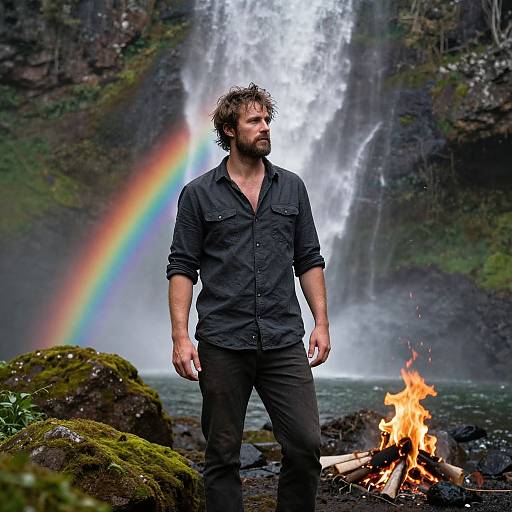 Photograph of a bearded man in black shirt and pants standing by a campfire, waterfall backdrop, rainbow arching above, mossy rocks foreground