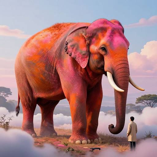 Photograph-style CGI of a massive, red-pink illuminated elephant with large tusks, standing beside a small man in a white shirt on a grass