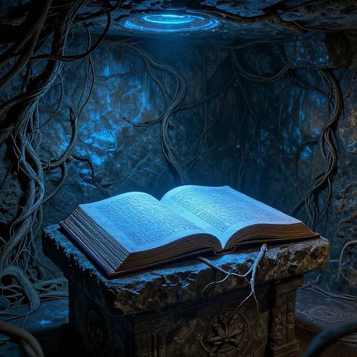 Photograph of an open glowing blue book on a weathered stone pedestal, surrounded by dark, tangled roots in a dimly lit, mystical cave.