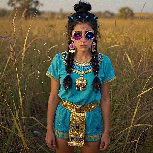 Photograph of a young girl with dark hair in braids, wearing a blue dress with gold and blue jewelry, and mismatched purple and blue circular