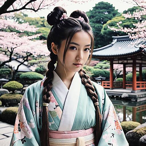 Teenage Girl in Pastel Kimono in Japanese Garden