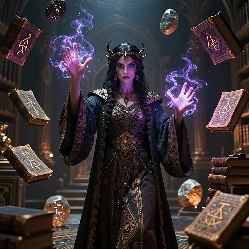 Digital artwork of a dark-haired, horned witch in ornate black robes, casting purple magic spells amidst floating ancient books and glowing orbs in a dim