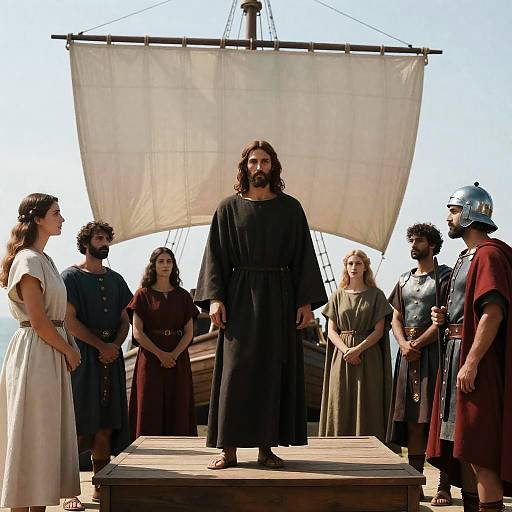 Biblical Scene with Jesus Figure and Crowds