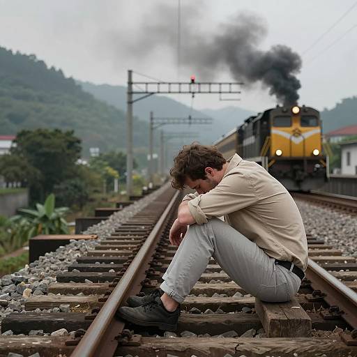Man Sitting on Railway Track Near Approaching Train
