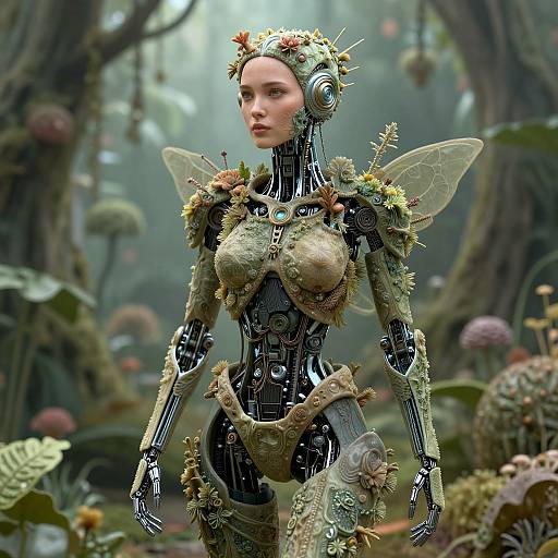 Digital artwork of a cyberpunk fairy in a lush, fantastical forest. She has a metallic body adorned with greenery, flowers, and insects,