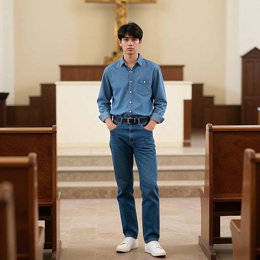 Photograph of a young man with short black hair, wearing a blue button-down shirt, dark jeans, and white sneakers, standing in a church aisle