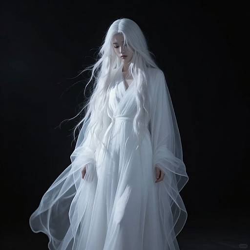 Photograph of a mysterious, ethereal woman with long, flowing white hair and translucent, flowing white dress, illuminated by intense blue light against a dark