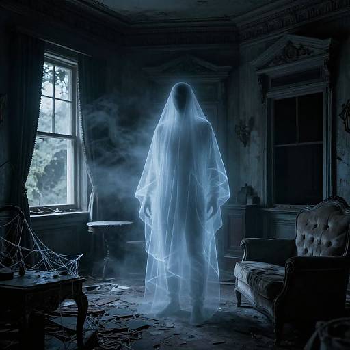 Photograph of a ghostly figure in a translucent white veil standing in a dimly lit, abandoned, dusty room with broken furniture and foggy windows