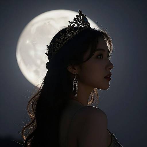 Silhouetted photograph of a young woman with long hair, wearing a decorative headpiece and dangling earrings, against a bright full moon backdrop. Dark
