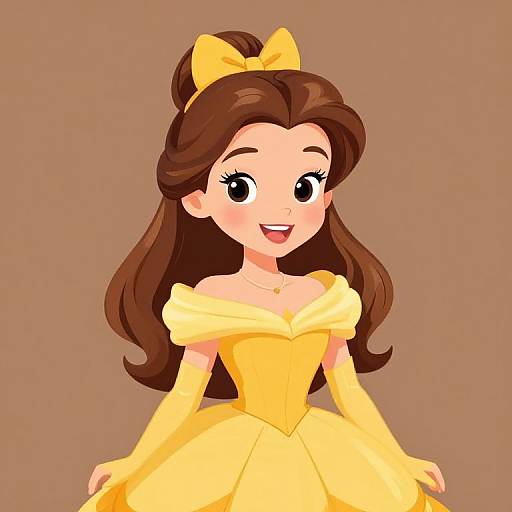 Digital cartoon of a smiling young woman with large eyes, brown hair, and a yellow bow, wearing a yellow off-shoulder dress and gloves,