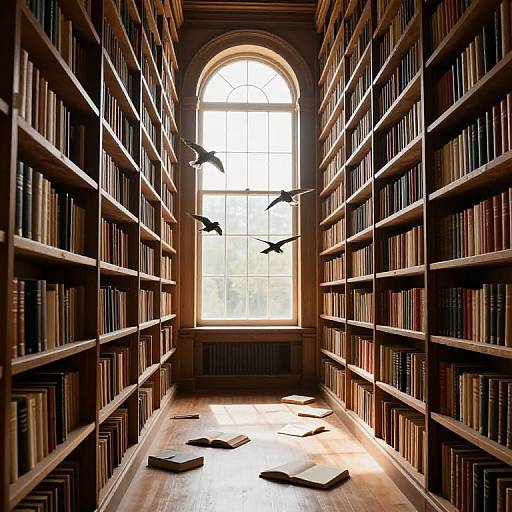 Ethereal Library with Soaring Birds