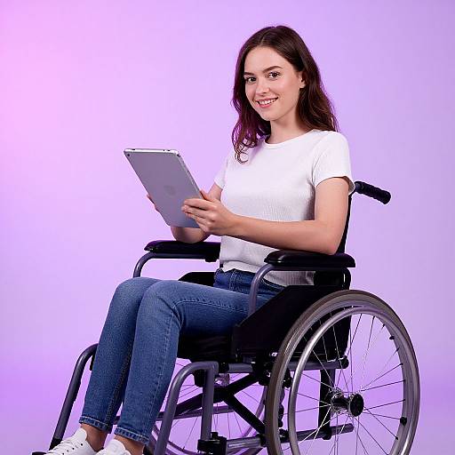 Photograph of a smiling young woman with brown hair, wearing a white t-shirt and blue jeans, sitting in a wheelchair and holding a tablet against a
