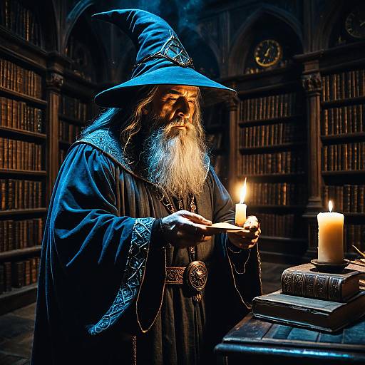 Wizard Casting Spell in Ancient Library