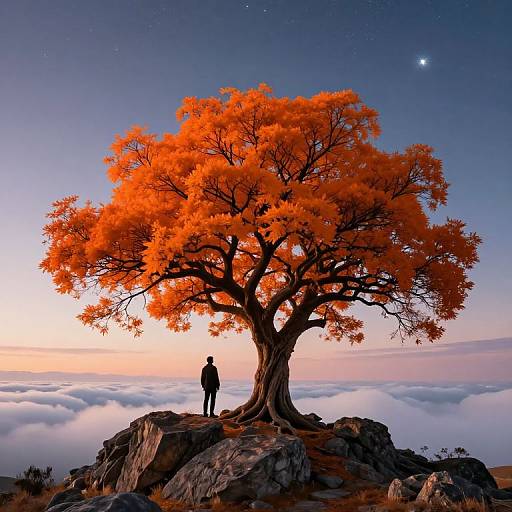 Solitary Figure by Vibrant Orange Tree at Twilight