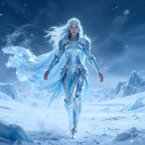 Digital artwork of a regal, white-haired woman in shimmering blue ice armor, walking through a snowy, starlit landscape, with her flowing cape