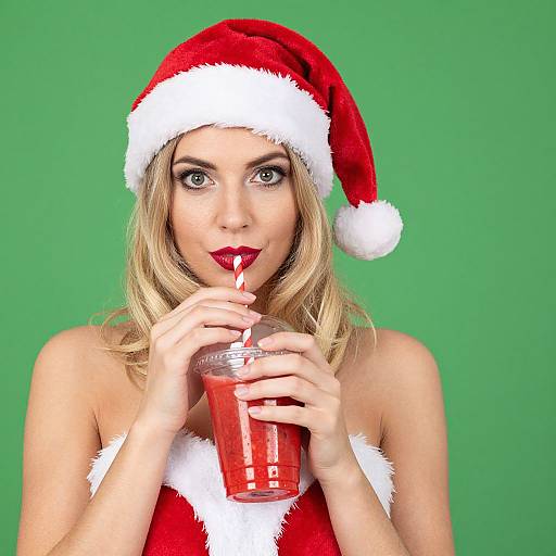 Blonde woman in red Santa hat and fur-trimmed red top drinks from a red-striped glass against a green background.