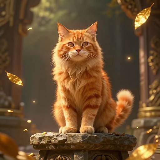 Photorealistic CGI of a majestic orange tabby cat with fluffy fur, sitting on a stone pedestal amidst glowing leaves in a mystical forest setting.
