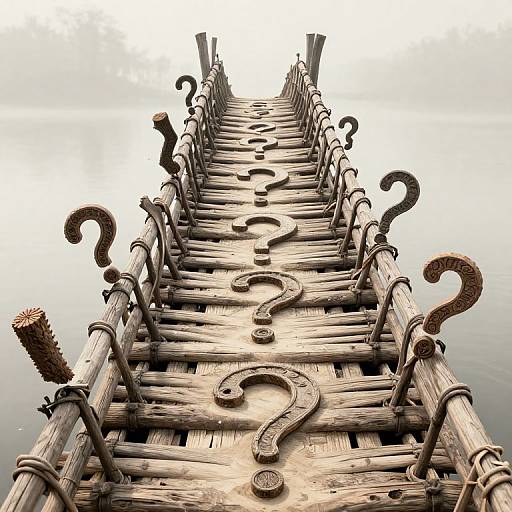 Photograph of a rustic wooden question mark-shaped pier with curved metal hooks, rising into a bright, cloudy sky.