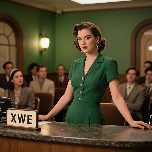 Photograph of a 1940s-styled woman in a green button-up dress, standing behind a desk with an 