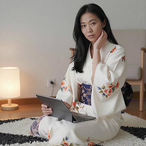 Thoughtful Asian Woman in Kimono