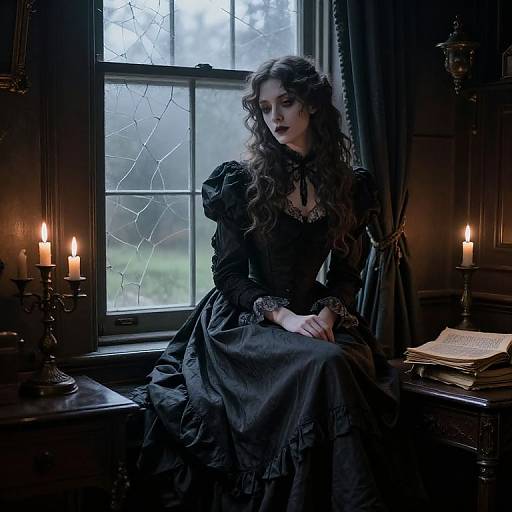 Gothic-style photograph of a pale, dark-haired woman in a black lace dress, sitting by a candlelit window with cracked glass, in a