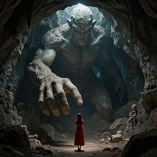 Photorealistic digital art: tiny woman in red dress facing giant, menacing, horned creature with massive hand in dark cave.