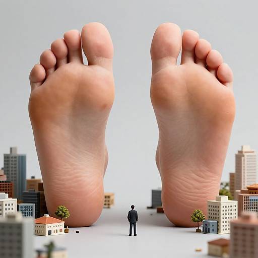 CGI image of giant human feet towering over a tiny man in a cityscape, with buildings and trees in the foreground.