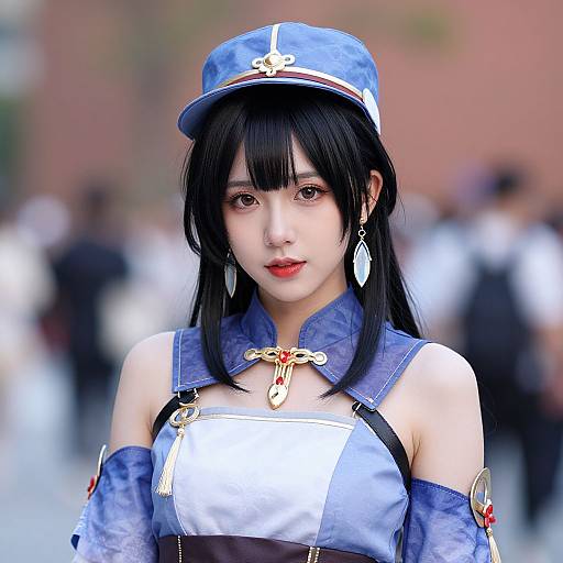 Digital illustration of a young East Asian woman in blue military-style uniform with hat, red lips, long black hair, and white earrings, standing outdoors with