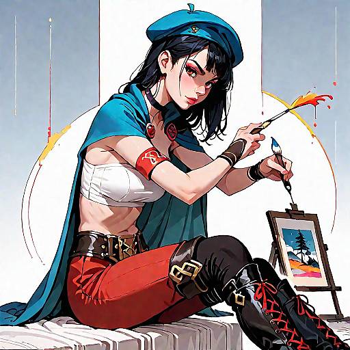 Stylish Young Woman Painting with Beret and Cape