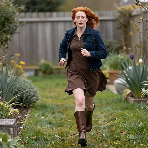 Focused Redhead Running Through Garden