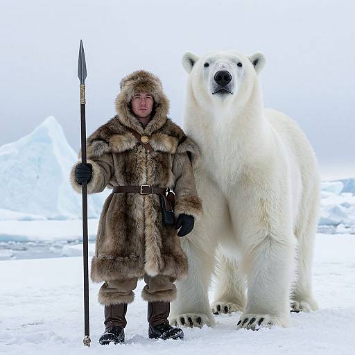 Photograph of an Inuit man in a fur coat with a spear, standing beside a large polar bear in snowy terrain.