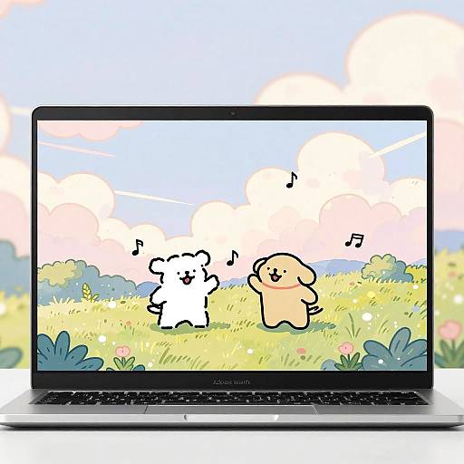 Digital illustration of a laptop screen showing two cute, simplified cartoon bears dancing in a sunny meadow with flowers and music notes. Background includes a blue sky