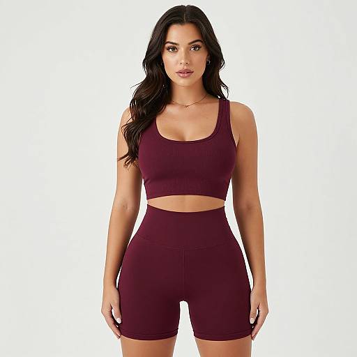 Photograph of a woman with long black hair, wearing a maroon sports bra and matching high-waisted shorts, standing against a plain white background