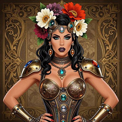 Digital illustration of a fierce, dark-haired woman in ornate, medieval armor with colorful flower crown, turquoise jewels, and intricate gold armor.