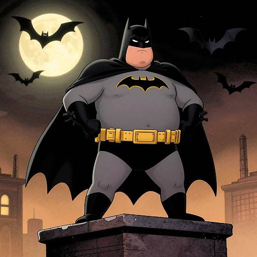 Cartoon-style image of a chubby Batman standing on a rooftop, hands on hips, wearing gray suit, black cape, and yellow belt, under a