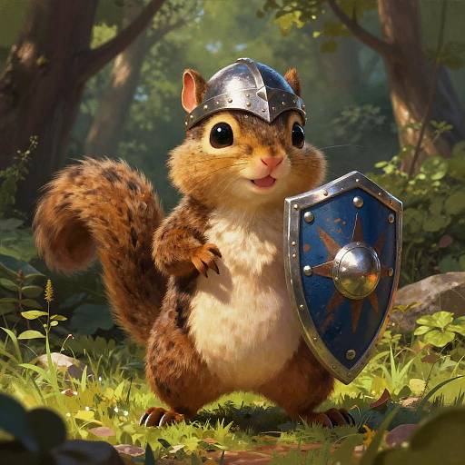 CGI image of an adorable, brown and white squirrel wearing a shiny metal helmet and holding a blue shield, standing in a sunlit forest.