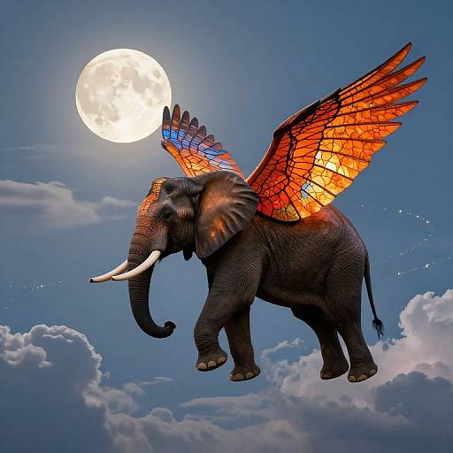 Photograph of a fantasy elephant with large, vibrant orange and red wings, flying against a blue sky with a bright full moon, surrounded by fluffy clouds