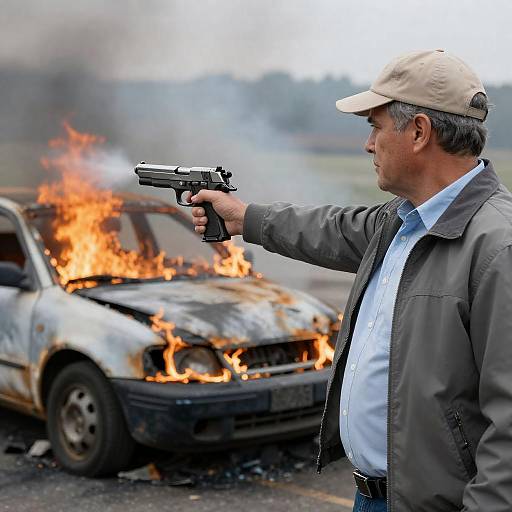 Man Shooting Handgun Near Burning Car